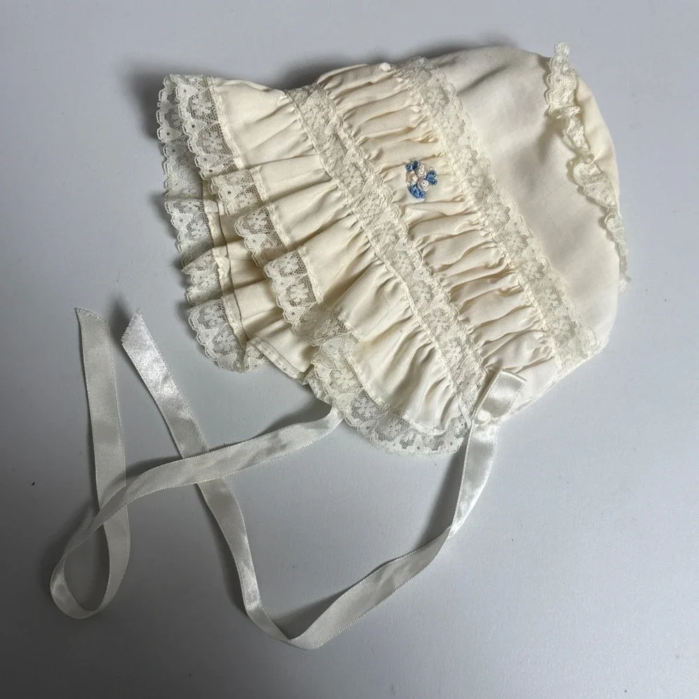 Vintage Baby Bonnet Cream Lace Ruffle Floral Embroidery Ribbon Heart Christening